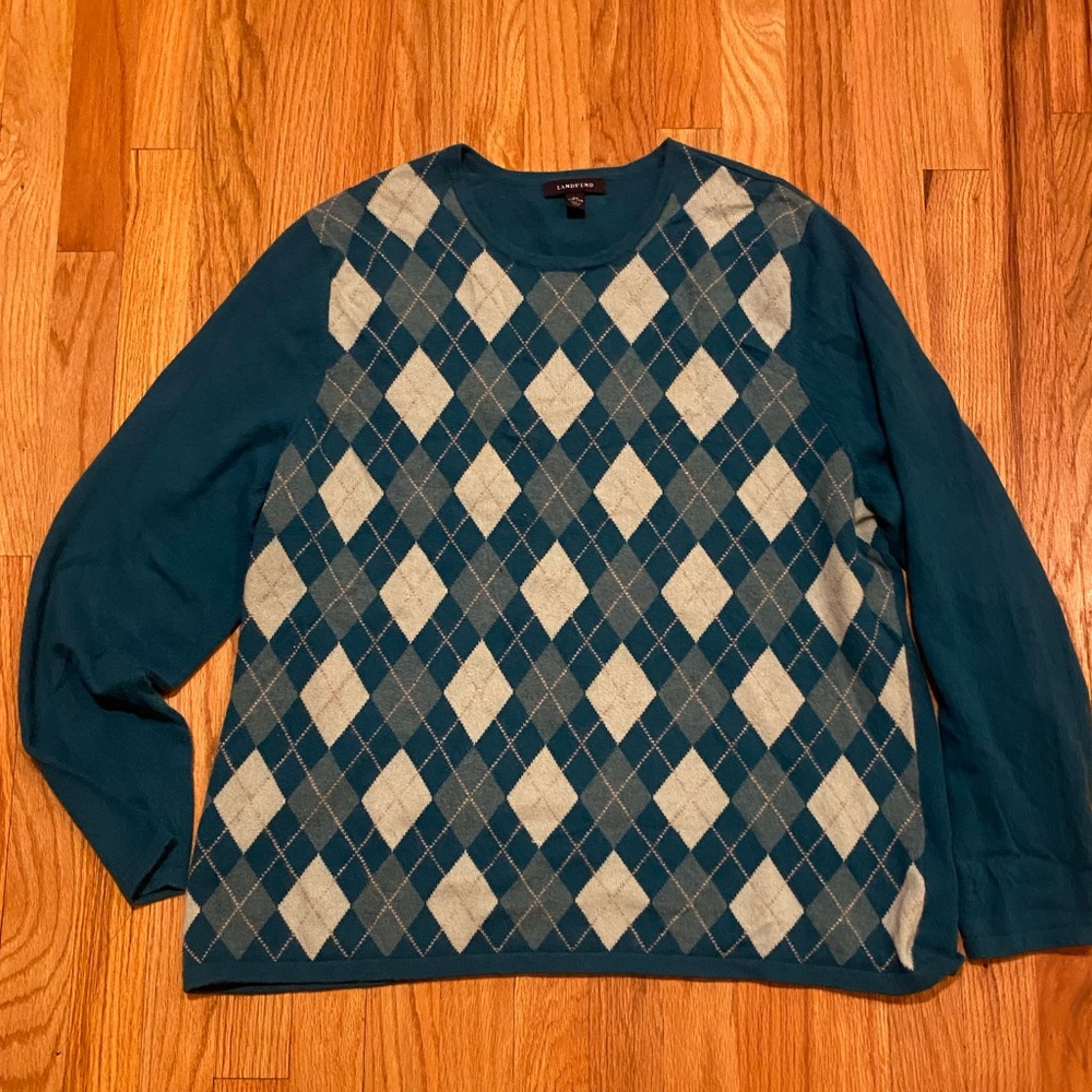 Lands End 2X 20W 22W Cashmere Turquoise Blue Cream Argyle Crewneck Sweater